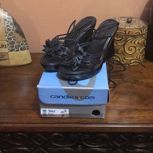 Black lace up wedge sandals made by Candies
